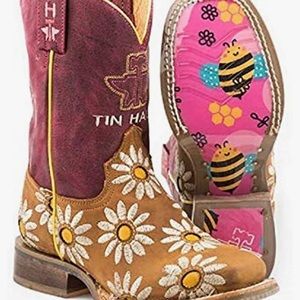 Tin Haul Lil Blossom Big Kids Square Toe Boots With Bumble Bee's on sole